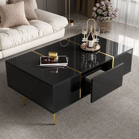 Tavolino da caffè 100x60x41.5 cm nero in MDF lucido con 2 cassetti e dettagli dorati (1/5)