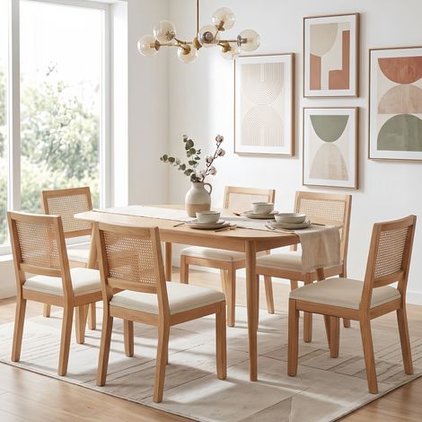 Lot de 6 Chaises Bois Massif et Cannage Beige - Chaise rétro mid-century - Chaise de Cuisine Confortable avec Ressorts (1/5)