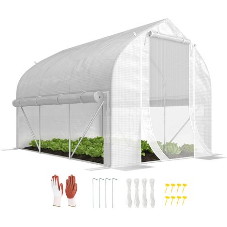 Outsunny 3 x 2(m) Walk-in Polytunnel Greenhouse, Zipped Roll Up Sidewalls, Mesh Door, 6 Mesh Windows, Tunnel Warm House Tent with PE Cover, Complimentary Plant Labels and Gloves, White