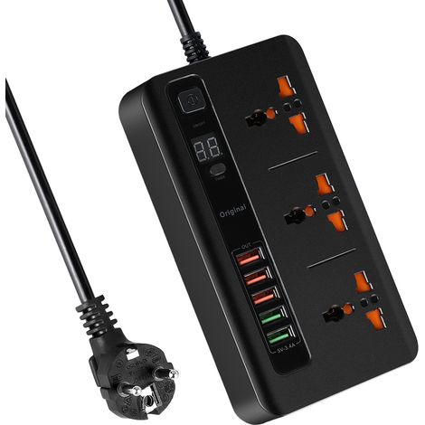 Ortviai Multiprise avec 5 ports USB, 3 prises, minuterie intelligente, 2500 W, câble 2 m, noir (1/5)