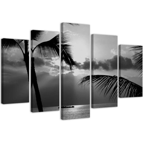 Quadri Quadro 5 pezzi Stampa su tela Palma di mare in bianco e nero - 100x70 (1/5)