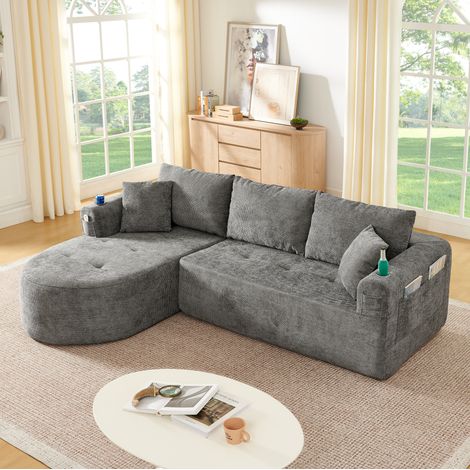 Sofa in L-Form, Stoff in Grau, montagefrei, mit Edelstahl-Becherhalter, Seitentaschen und Kissen (1/5)