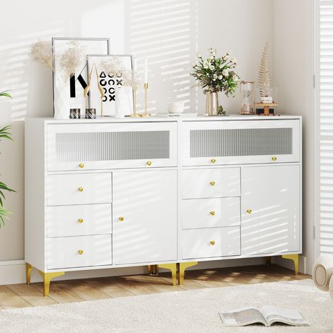 Commode à Coucher Armoire de Rangement avec Porte en Verre Strié Basculante et Tiroirs Coulissants Pieds en Métal Blanc (1/3)
