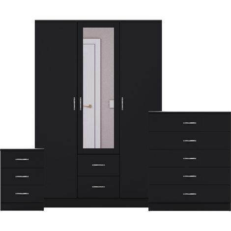 Riano 3 Piece Bedroom Set (3 Drw Bedside Chest, 5 Drw Chest, 3 Dr 2 Drw Mirrored Wardrobe), Black (1/3)