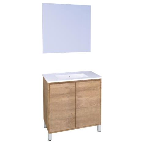 Ondee – Meuble lave-mains à poser 80cm – Miroir suspendu 80x50cm – 1 vasque céramique avec vidage gain de place – Finition bois