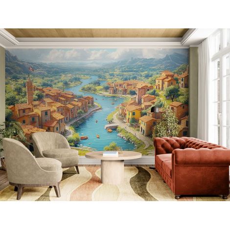 Papier peint Campagne – Rivière fleurie traversant un village - 150 x 250 cm (1/2)