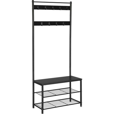 Porte-manteau sur pied noir avec 9 crochets – Dimensions 70x32x175cm – Rangement chaussures intégré – Design élégant pour intérieur (1/5)