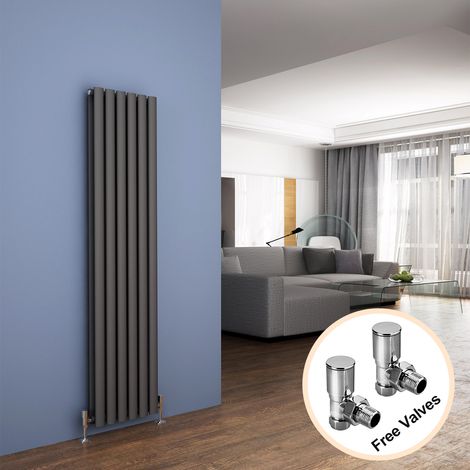 ELEGANT 1600 x 360 mm Anthracite Vertical Column Radiator Double Oval Panel Designer Bathroom Radiator + Chrome Angled Radiator Valves (1/5)