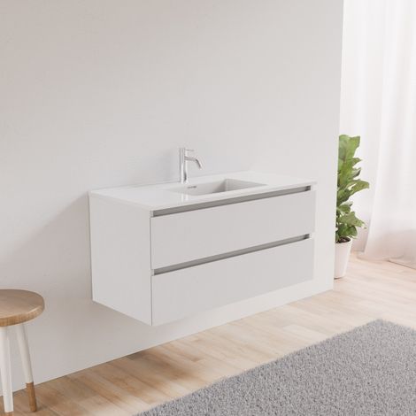 Inda - Badezimmerschrank 2 Schubladen L.100 mit abgerundetem Waschbecken - Weißer Ledereffekt (1/5)