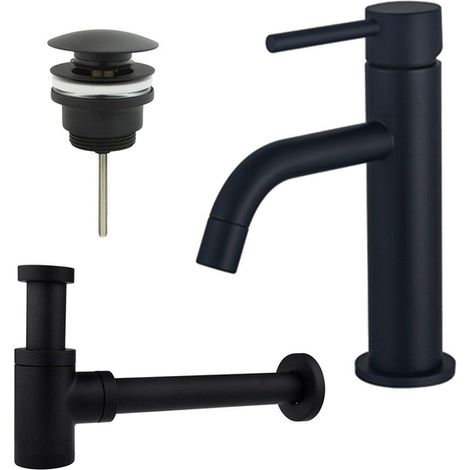 Fortifura Calvi Slim Kit mitigeur lavabo - robinet bas - bonde clic clac - siphon design bas - Noir mat