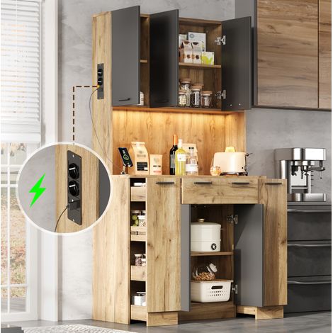 Meuble de cuisine haut 100x40x180 cm avec LED, prises, tiroirs et niches, naturel et noir (1/5)