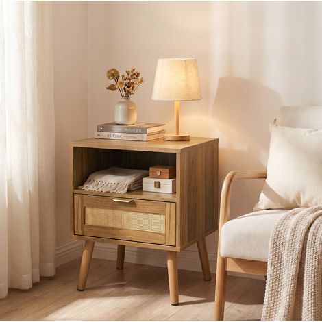 Comodino in rattan effetto noce, 45 x 40 x 55 cm, con cassetto e ripiano aperto, DESVIAE (1/5)