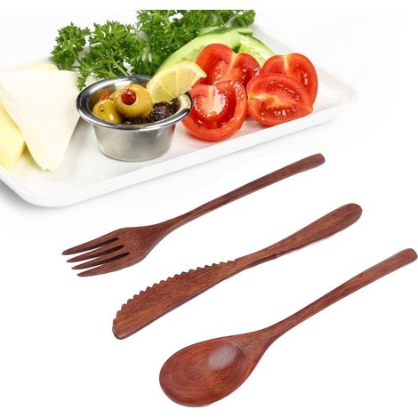 3-teiliges Holzbesteckset (Löffel, Gabel und Messer), Holzgeschirr, Küchenbesteckset aus Holz. (1/5)