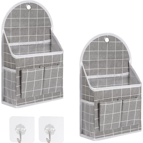 Sac de rangement mural suspendu, pliable en lin imperméable, organiseur à poches et crochets transparents pour porte (Gris). (1/5)