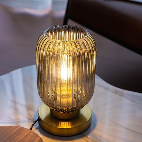 Nachttischlampe mit Glasschirm, kleines, elegantes Nachtlicht aus grauem, geriffeltem Glas, moderne Schreibtischlampe mit Netzstecker für Schlafzimmer, Wohnzimmer und Beistelltisch (1/5)