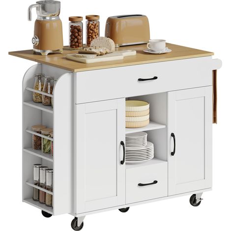 Îlot de cuisine mobile, plan de travail rabattable, portes de placard à fermeture amortie, tiroirs, porte serviettes, MDF, blanc (1/5)
