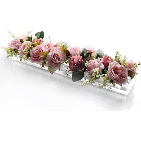 Vase rectangulaire en acrylique transparent, centre de table floral, long vase rectangulaire en acrylique pour la décoration de table à la maison, mariage ou salle à manger, 30 x 6,5 x 10 cm (1/5)