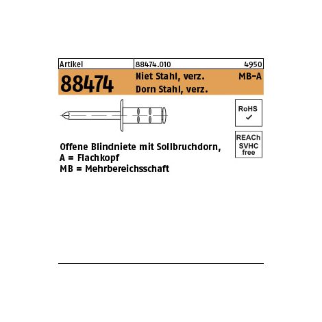 Reyher ART 88474 PolyGrip Mehrber.-Blindniete St./St. verzinkt 4,8 x 10 (500) (1/2)