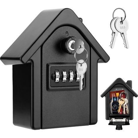 JSSEVN - Wall-Mounted Secure Key Box with 4-Digit Code, Waterproof Outdoor Key Box, Key Holder, with 2 Emergency Keys (Black) (1/5)