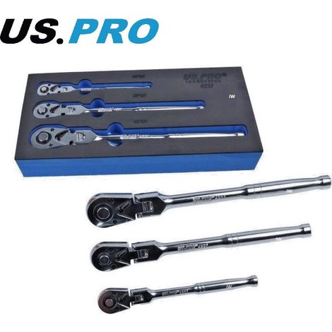 US PRO FLEXI HEAD RATCHET SET 3PC REVERSIBLE FLEXIBLE HEAD 1/4"" 1/2"" 3/8"" 4237