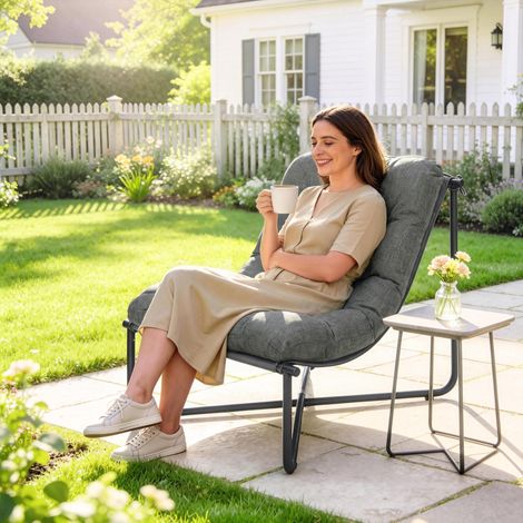 Fauteuil de jardin ergonomique, avec coussins doux pour la peau, assise large, structure en acier, gris foncé