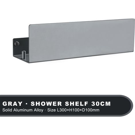 Étagère de rangement murale pour salle de bain (gris, 30 cm) avec crochets, en aluminium, pour la cuisine et la douche. (1/5)