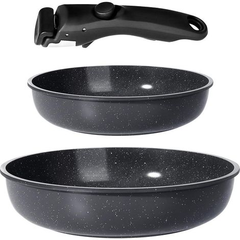 Ensemble de casseroles en granit 3 pièces, antiadhésif, manche amovible, pour toutes les plaques de cuisson, lavable au lave-vaisselle, résistant au four, Noir