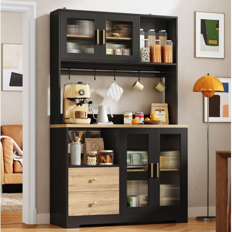 Aparador alto de cocina de 110x40x178 cm con iluminación LED RGB, puertos USB, vitrina de cristal templado y MDF negro (1/5)