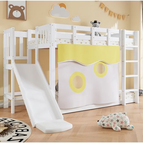 Letto a castello bambini 90x200 cm con scala, sponde di sicurezza, tenda e scivolo, in legno bianco, materasso non incluso (1/5)