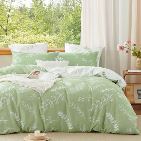 Housse de Couette 140x200cm Vert Blanc Feuilles Floral Fleurs Ado Adultes Parure de Lit 1 Personne avec Fermeture Éclair Réversible Housse Couette en Microfibre avec 1 Taie d'oreiller 65x65 cm (1/5)