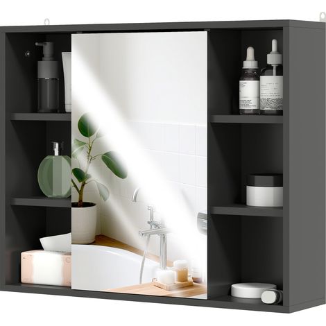 Armario con espejo de pared para baño 60 x 14.5 x 49.4 cm almacenamiento 6 nichos y estantes diseño moderno y elegante en MDF negro 210001868 (1/5)