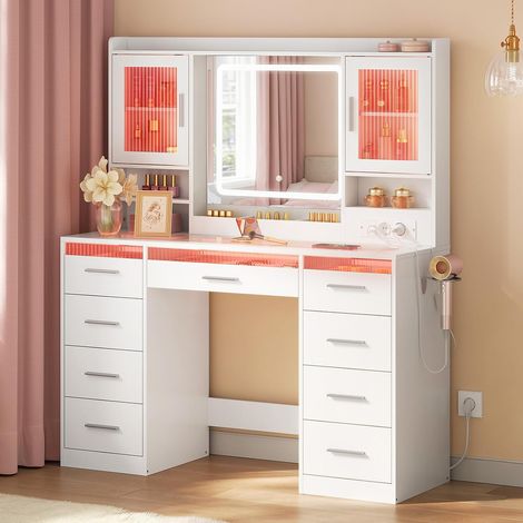 WOLTU Tocador con luz LED, Enchufe y Soporte para Secador de Pelo, 107 cm de Amplio Espacio de Almacenamiento, 9 Cajones, 2 Armarios con Puertas, Blanco (1/4)