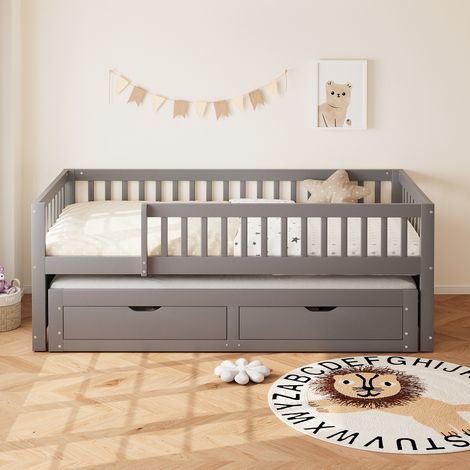 Canapé lit banquette 90x200cm enfant avec lit gigogne, 2 tiroirs, sommier à lattes, sécurité, gain de place, bois gris (1/5)