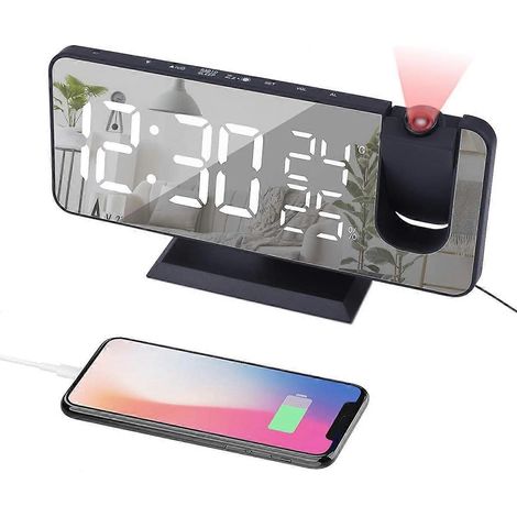 Réveil numérique avec projecteur radio, affichage LED de la température, radio-projection rotative - Noir