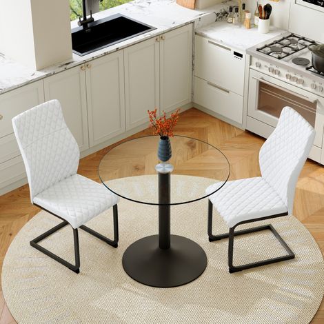 Ensemble table verre 85cm – 2 chaises blanches dossier haut – PU matelassé losange – Petit espace/Bar (1/5)