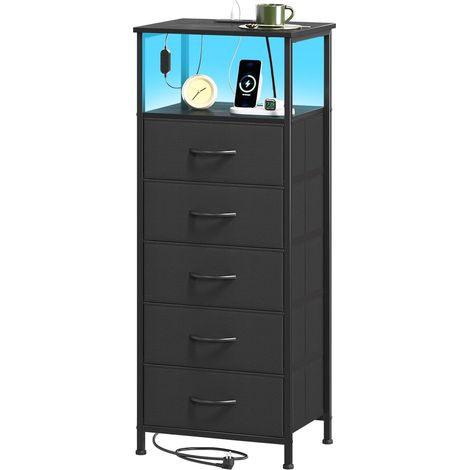 Table de Chevet Haute LED avec Prise, 5 Tiroirs en Tissu, Noir (1/5)