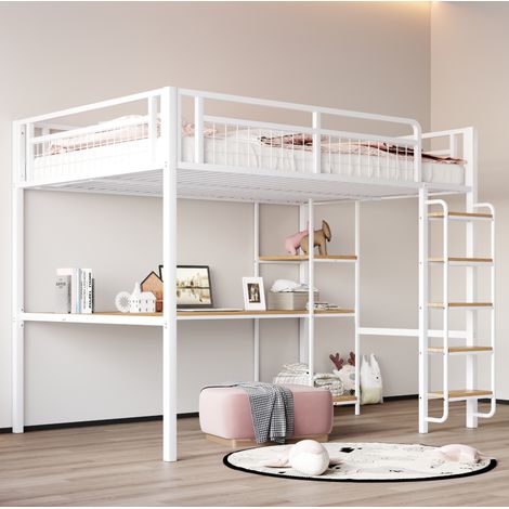 Letto a soppalco 140x200 cm bianco in metallo con scrivania e scaffali (1/5)