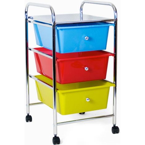 Carrello Estetista In Acciaio Cromato Cassettiera 3 Cassetti Colorati E 4 Ruote