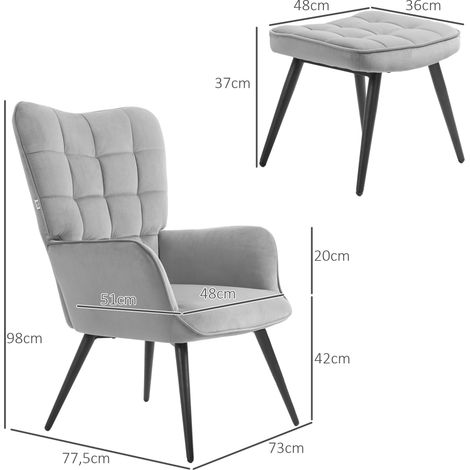 Fauteuil relax avec pouf, lounge design, tissu velours gris clair, chaise TV confortable, salon chambre, charge max 120 kg, ensemble 2 pièces (1/5)