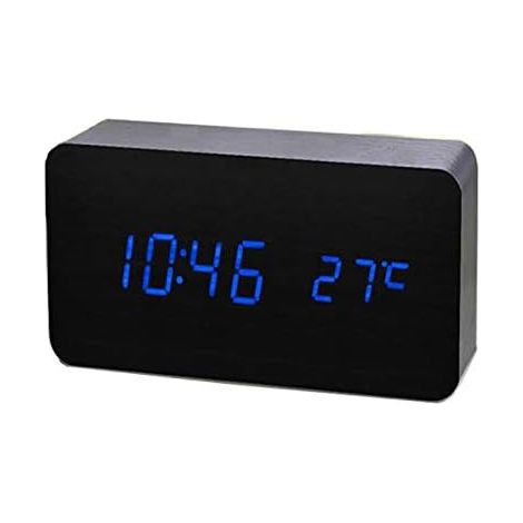 Réveil LED en Bois Artificiel Horloge Numérique Activation pour Bureau Maison Sonore avec Température/Humidité/Calendrier Batterie/USB BlackBlue