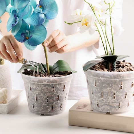 5 lots de pots à orchidées en plastique à vendre, pots de plantation transparents pour orchidées, pots avec filet de contrôle des racines, trous et plateaux. (1/5)