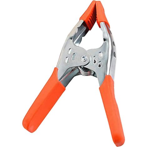 Robuste, orangefarbene Mehrzweck-Federklemme aus Metall, ideal für Holzbearbeitung, Tischlerei und Heimwerkerarbeiten. (1/5)