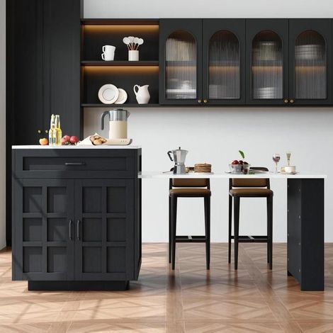 Île de cuisine extensible - KOMHTOM - 133/202x70x93.5 cm - 2 tiroirs - 4 compartiments - Pour 2-6 personnes (1/5)