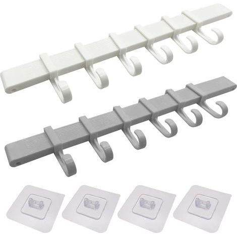 Set di 2 portautensili da cucina a parete, non richiedono foratura, si fissano a parete con ganci adesivi e dispongono di 6 ganci scorrevoli. (1/5)