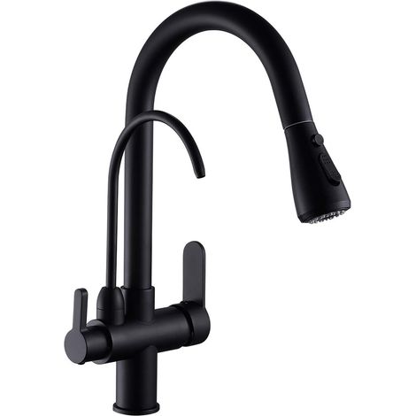 Küchenarmatur mit Ausziehbrause – 2 Griffe – 3-in-1-Wasserfilter – schwarz (1/5)