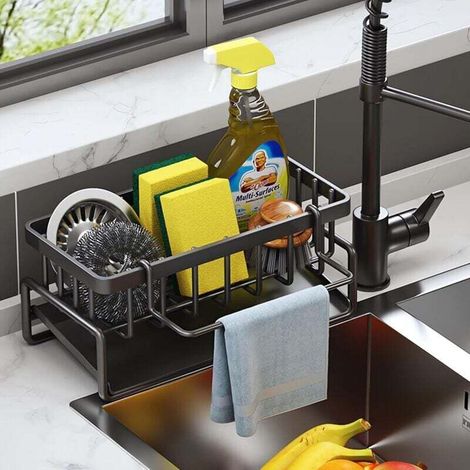 Portaoggetti per lavello, contenitore e organizzazione della cucina, organizer per lavello, accessori da cucina - Porta spugna in acciaio inox per organizer e scolapiatti per lavello della cucina. (Ne (1/4)