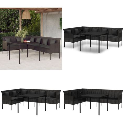 2-tlg. Garten-Essgruppe mit Kissen Schwarz Poly Rattan - Garten-Essgruppe -  Garten-Sitzgruppe - Home & Living