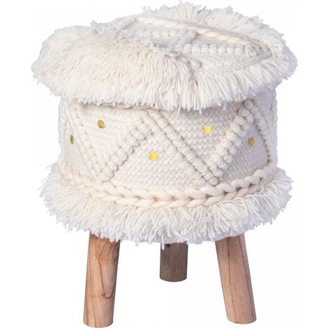 Tabouret semi artisanal en laine ZATI 35x35 crème (1/3)