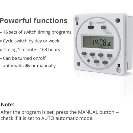 12V 16A Prise Programmateur Digital à 16 Programmes Horloge Programmable Minuteur Prise Electrique avec LCD Affichage Numérique Antivol avec Boîtier Étanche/Ensemble de Borniers de Connexion (1/4)