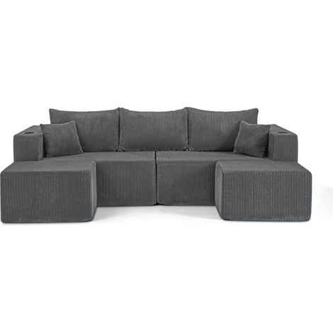 ELVMI Sofá de Esquina Modular de 3 Plazas con Dos Otomanas Móviles, Portavasos, Bolsillos y Cojines de Espuma Gris (1/5)